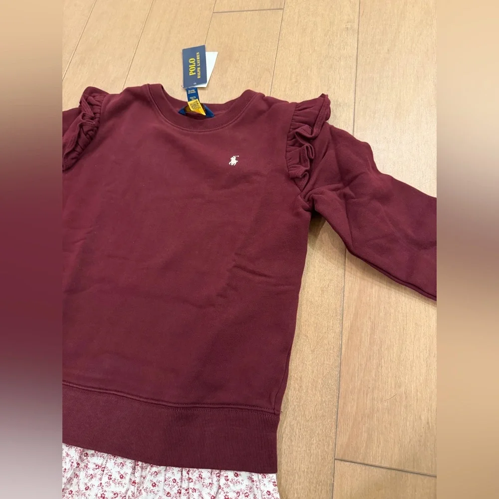 Ralph Lauren Girl’s Burgundy Sweatshirt Dress with Floral Skirt